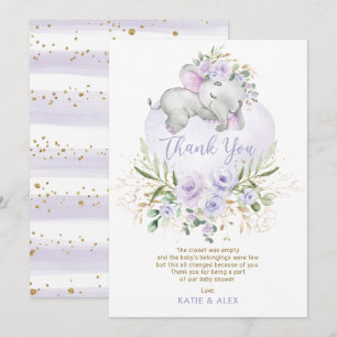 Carte De Remerciements Elephant Dreamy Purple Gold Baby shower Floral Que