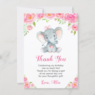 Carte De Remerciements Elephant Fille rose fête d'anniversaire Little Pea