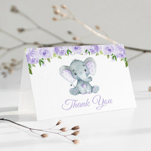 Carte De Remerciements Éléphant, Fleurs Aquarelles Violettes, Baby Shower