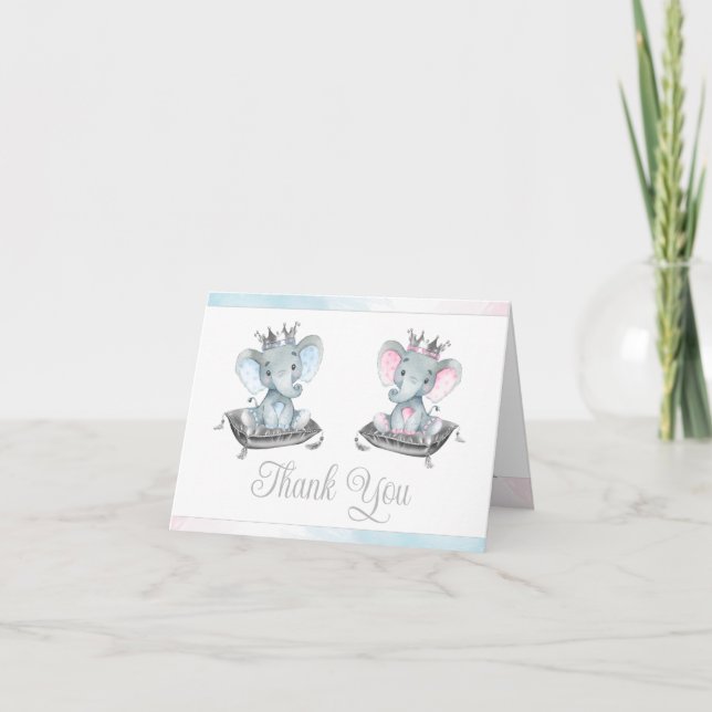 Carte De Remerciements Elephant Gender Reveal and Twin Baby Shower (Devant)