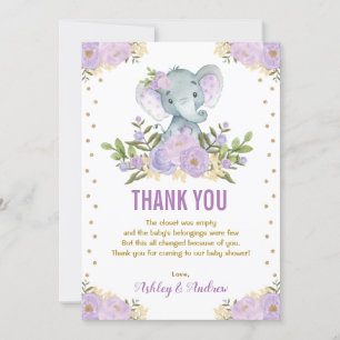 Carte De Remerciements Eléphant Lavande Purple Or Baby shower Floral