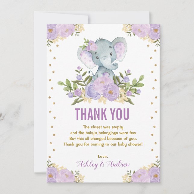 Carte De Remerciements Eléphant Lavande Purple Or Baby shower Floral (Devant)
