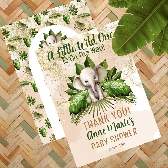 Carte De Remerciements Elephant Little Wild One Est En Chemin Baby shower (Tropical Safari Cute Elephant "A Little Wild One Is On The Way" Baby Shower Thank You Card)