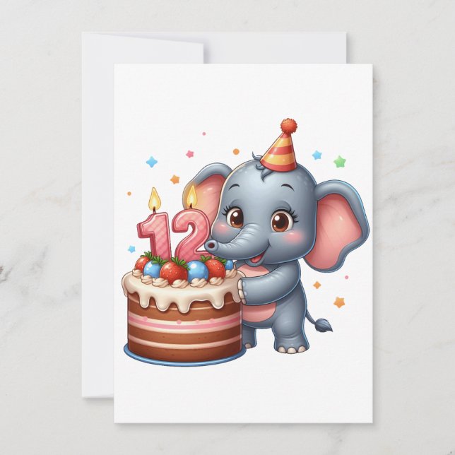 Carte De Remerciements Éléphant Mignon 12e Anniversaire (Devant)