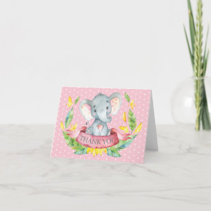 Carte De Remerciements Éléphant Mignon Bébé Fille Rose et Gris