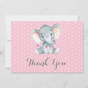 Carte De Remerciements Éléphant Mignon Bébé Fille Rose et Gris