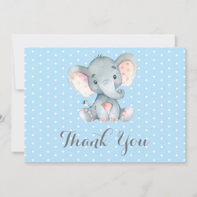 Carte De Remerciements Éléphant Mignon Bébé Garçon Bleu et Gris (Devant)