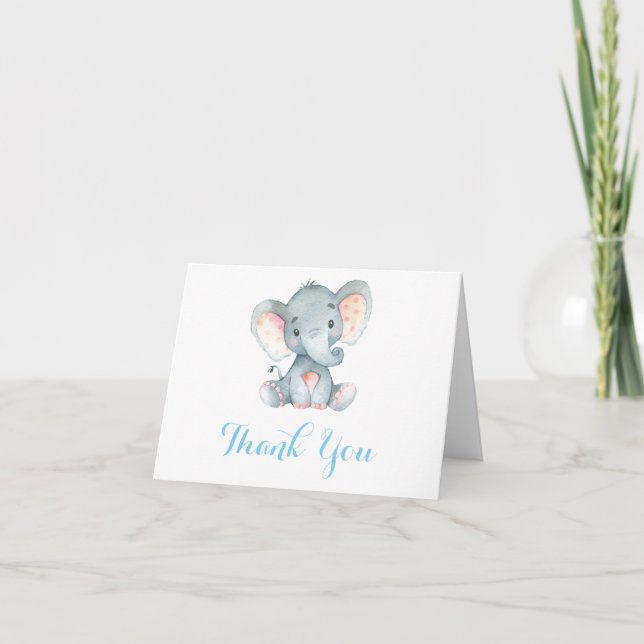 Carte De Remerciements Éléphant Mignon Bébé Garçon Bleu et Gris (Devant)