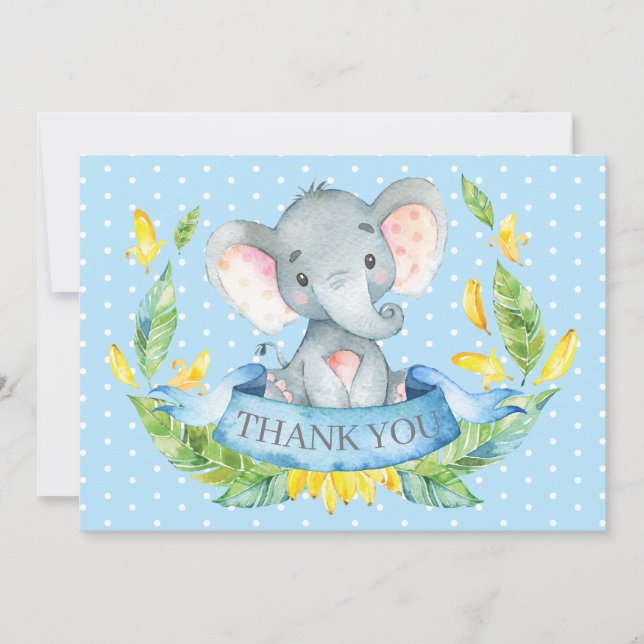 Carte De Remerciements Éléphant Mignon Bébé Garçon Bleu et Gris (Devant)