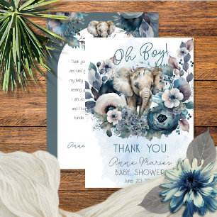 Carte De Remerciements Elephant Oh garçon Baby shower Floral bleu