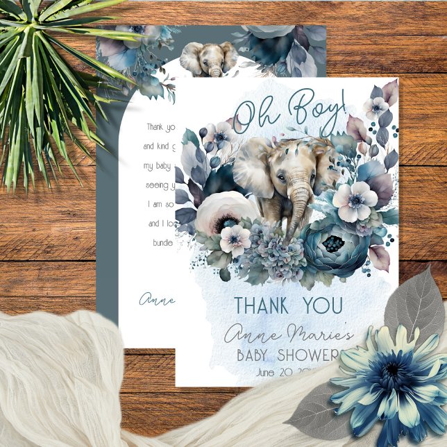 Carte De Remerciements Elephant Oh garçon Baby shower Floral bleu (Créateur téléchargé)