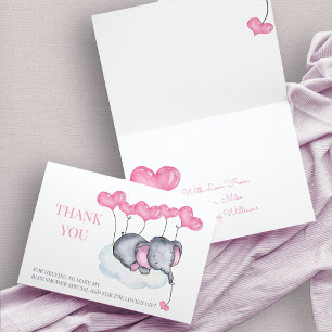 Carte De Remerciements Eléphant rose Baby shower sur nuage