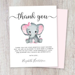 Carte De Remerciements Eléphant rose bébé fille douche