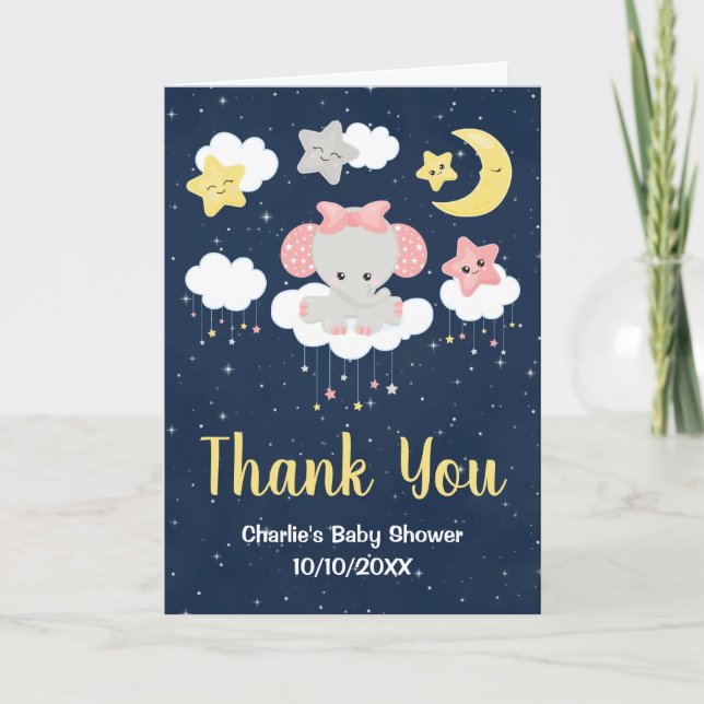 Carte De Remerciements Elephant rose et Baby shower de marine (Devant)