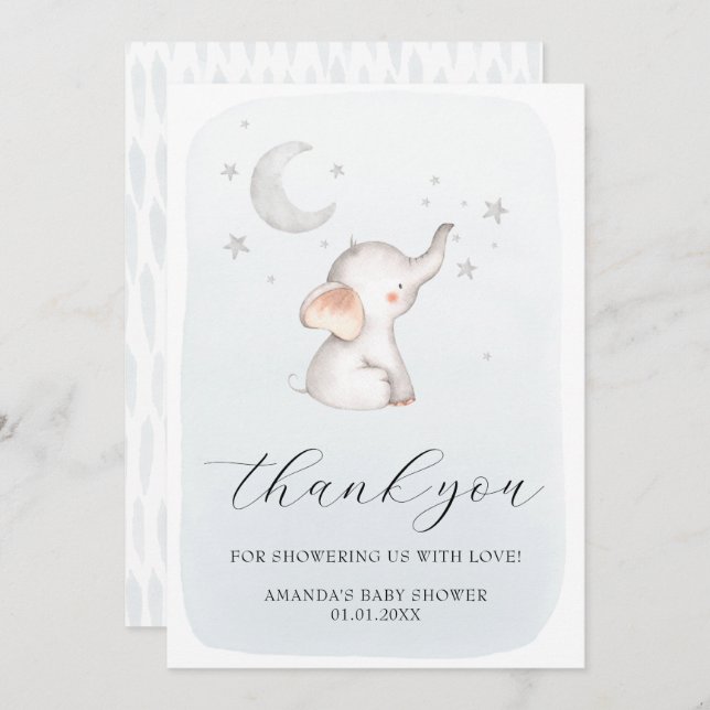 Carte De Remerciements Elephant Stars Lune Dusty Blue Boy Baby shower (Devant / Derrière)