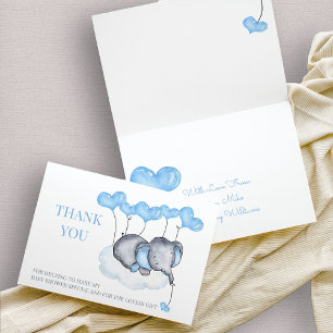 Carte De Remerciements Eléphant sur le Baby shower bleu nuageux
