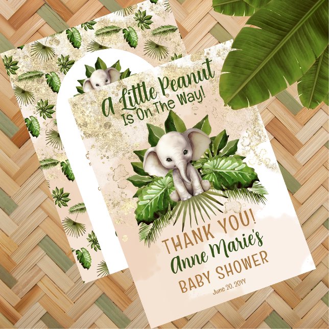 Carte De Remerciements Elephant Un Peu D'Arachide Est En Chemin Baby show (Cute Elephant "A Little Peanut Is On The Way" Tropical Safari Baby Shower Thank You Card)
