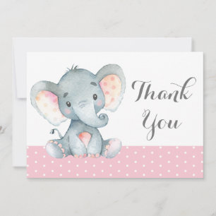 Carte De Remerciements Éléphanteau Mignon Bébé Fille Rose et Gris