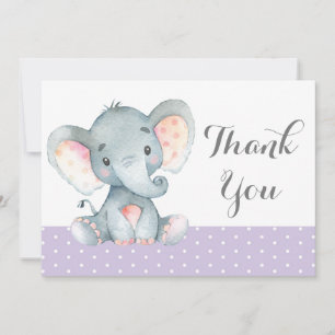 Carte De Remerciements Éléphanteau Mignon Fille Violet et Gris
