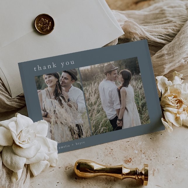 Carte De Remerciements EMELIA Flat Dusty Blue Minimal 2 Mariage photo (EMELIA Flat Dusty Blue Minimal 2 Photo Wedding Thank You Card)