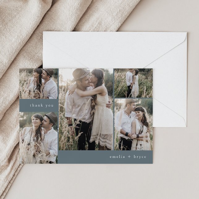 Carte De Remerciements EMELIA Flat Rustic Blue Navy Multi Photo Mariage (EMELIA Flat Rustic Blue Navy Multi Photo Wedding Thank You Card)