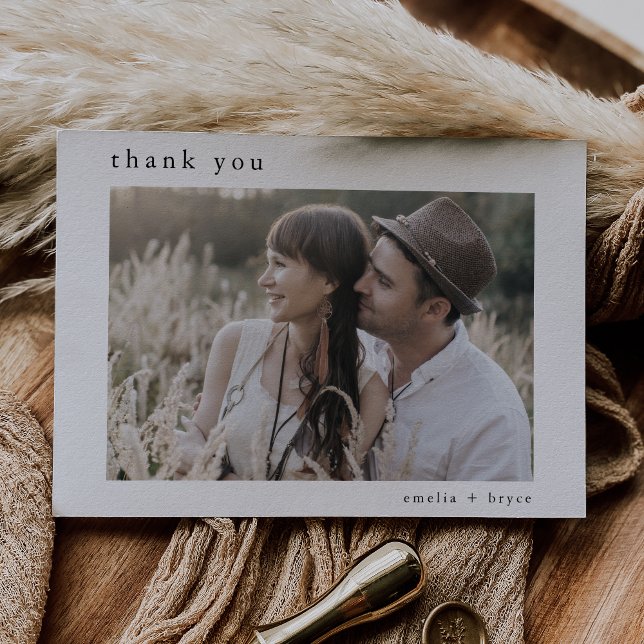 Carte De Remerciements EMELIA Flat White Black Boho Rustic Photo Mariage (EMELIA Flat White Black Boho Rustic Photo Wedding Thank You Card)