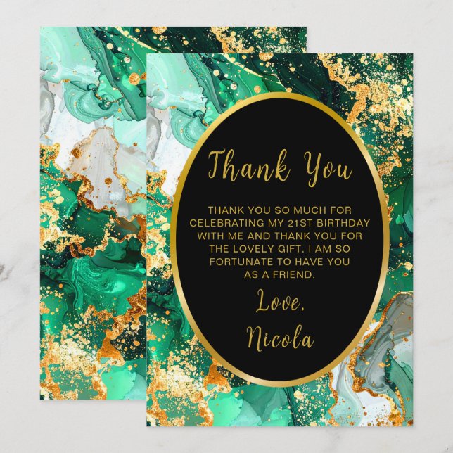 Carte De Remerciements Emerald Green and Gold Marble Agate Birthday Party (Devant / Derrière)
