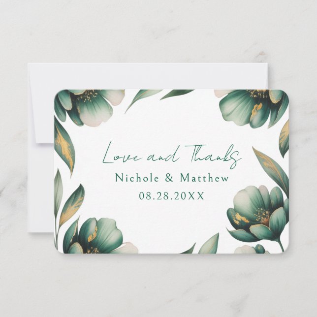 Carte De Remerciements Emerald Green and Gold Rose Wedding (Devant)