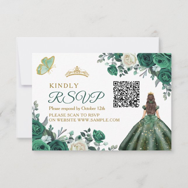 Carte De Remerciements Emerald Green Dresses Quinceañera QR RSVP Card (Devant)