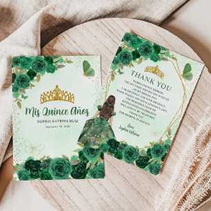 Carte De Remerciements Emerald Green Floral Princess Quinceañera