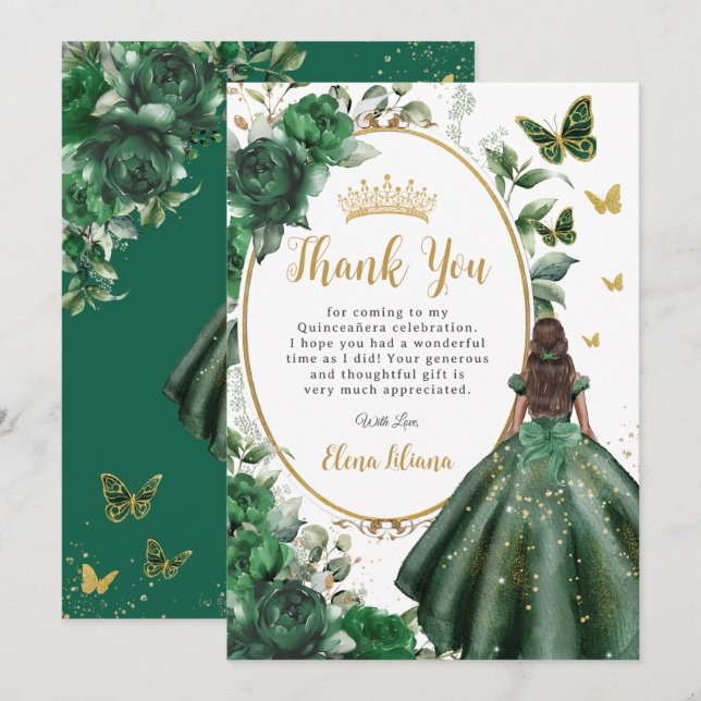 Carte De Remerciements Emerald Green Floral Quinceañera Brown Princesse (Devant / Derrière)