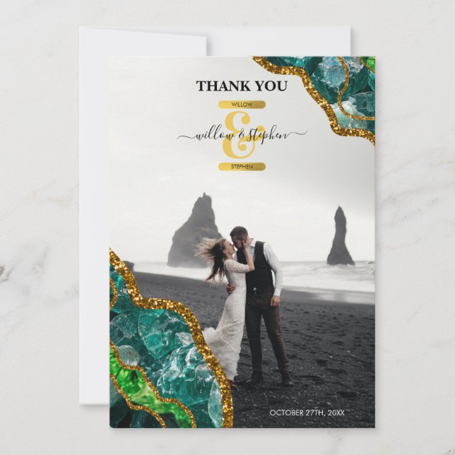 Carte De Remerciements Emerald Green & Gold Agate Parties scintillant Mon (Devant)