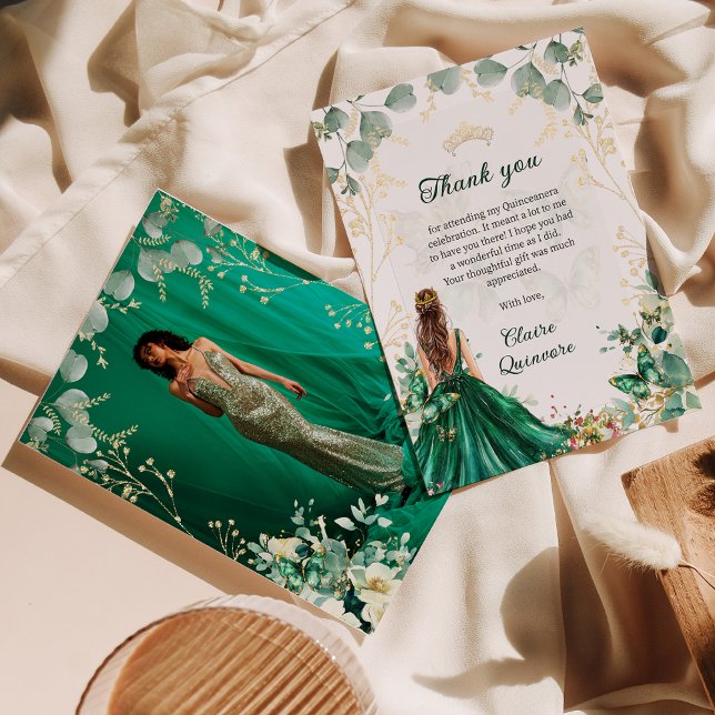 Carte De Remerciements Emerald Green Gold Floral Photo Quinceanera (Créateur téléchargé)