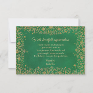 Carte De Remerciements Emerald Green Gold Line Art Floral Quinceañera