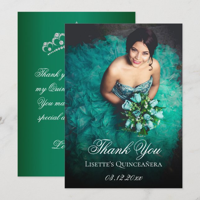 Carte De Remerciements Emerald Green Quinceanera Ajouter photo personnali (Devant / Derrière)