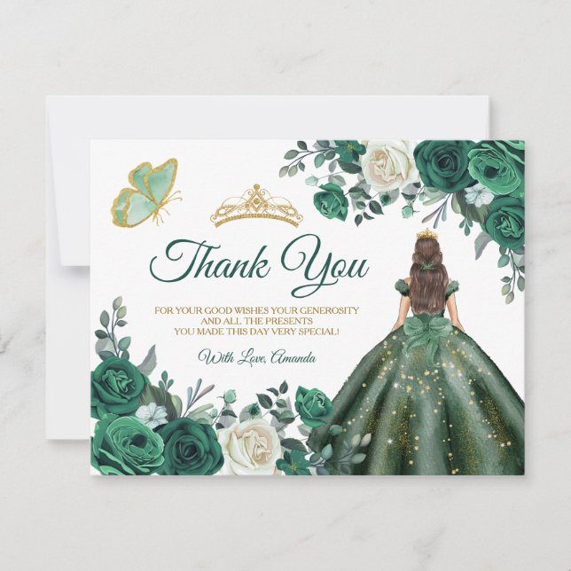 Carte De Remerciements Emerald Green robes Quinceañera Gold Crown (Devant)
