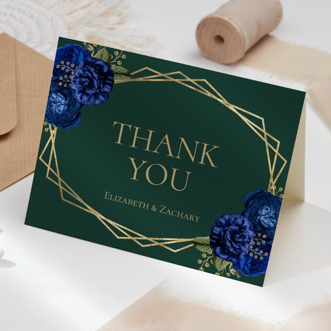 Carte De Remerciements Emerald Green Royal Blue Floral Gold Geo Mariage (Créateur téléchargé)