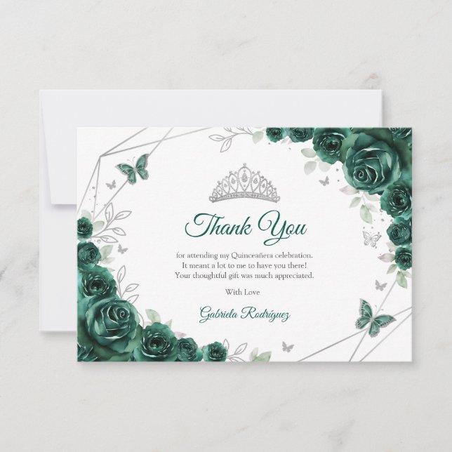 Carte De Remerciements Emerald Green Silver Floral Quinceanera (Devant)