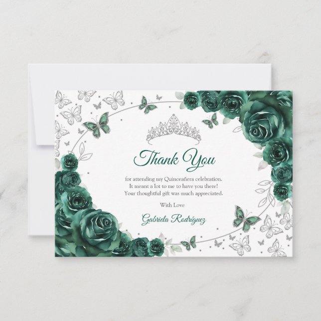 Carte De Remerciements Emerald Green Silver Floral Quinceanera (Devant)