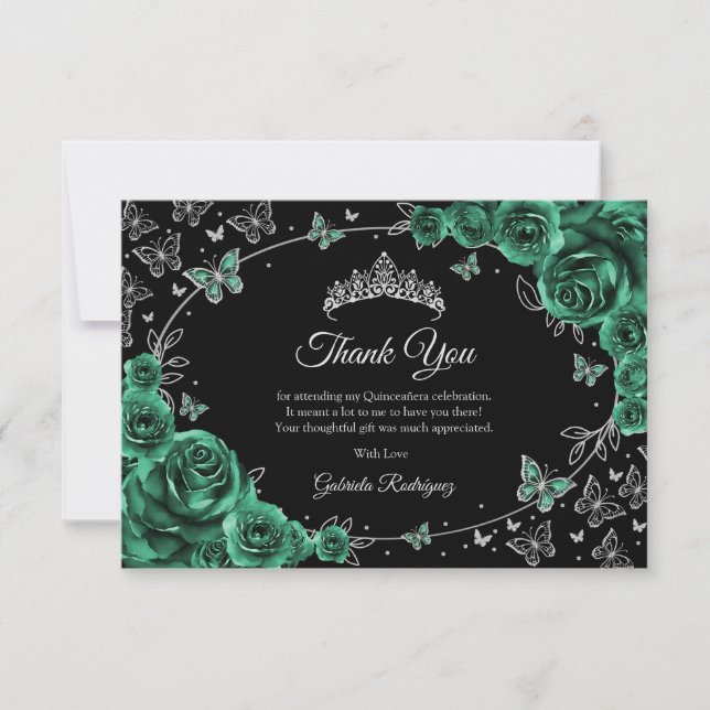 Carte De Remerciements Emerald Green Silver Quinceanera (Devant)