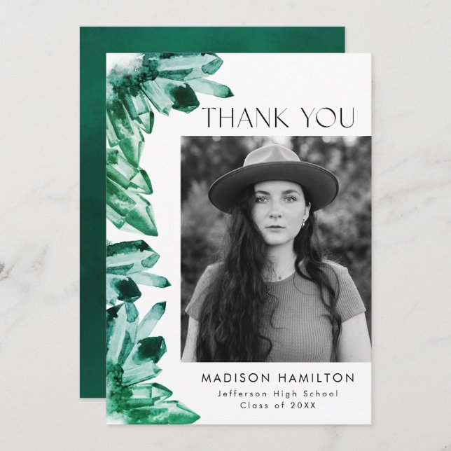 Carte De Remerciements Emerald Green Watercolor Crystals Photo Graduation (Devant / Derrière)