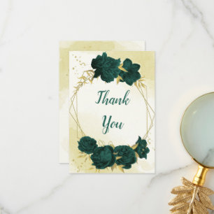 Carte De Remerciements Emerald vert fleurs or feuille mariage