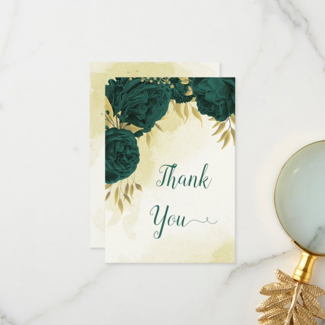 Carte De Remerciements Emerald vert fleurs or feuille mariage (Devant/Arrière en situation)
