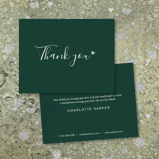 Carte De Remerciements Émeraude Vert Argent Coeur Chic Écriture Entrepris (Emerald Green Silver Heart Chic Script Business Thank You Card)