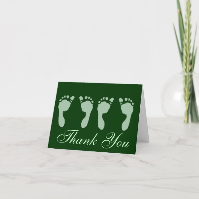 Carte De Remerciements Empreintes de pas de bébé (jumeaux verts) (Devant)