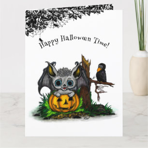 Carte De Remerciements En attente d'Halloween, Bat mignonne et Corbeau