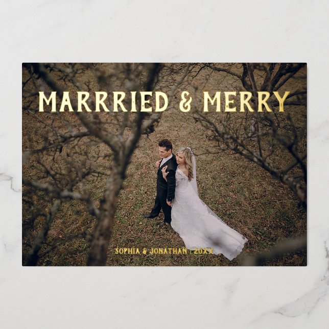 Carte de remerciements en feuille d'or mariée et j (Recto)