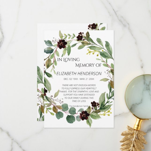 Carte de remerciements en mémoire de sympathie. (Devant/Arrière en situation)