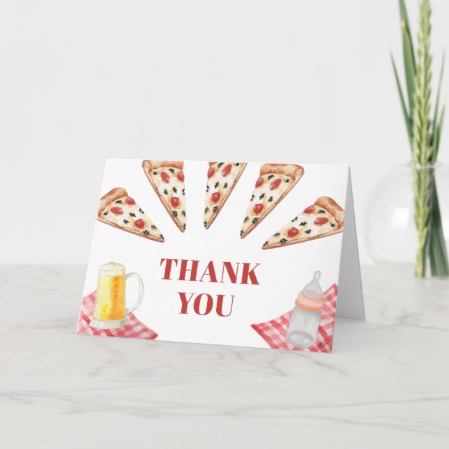 Carte De Remerciements en vichy Baby shower Rustique Moderne Pizza Bières (Devant)