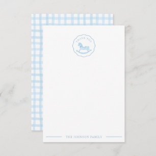 Carte De Remerciements En vichy Bleu mignon Baby shower à cheval rocheux